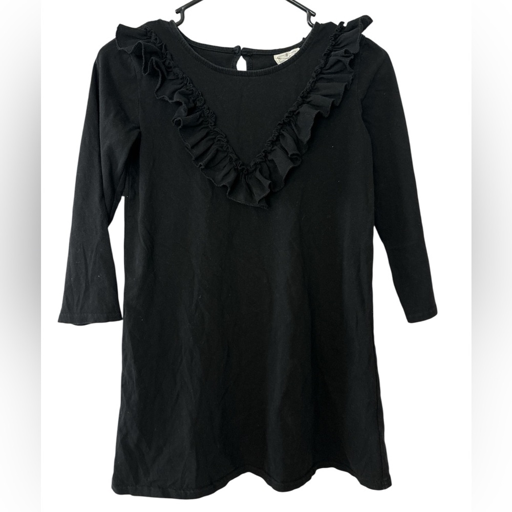 Girls Black Ruffle Trim Long Sleeve Dress